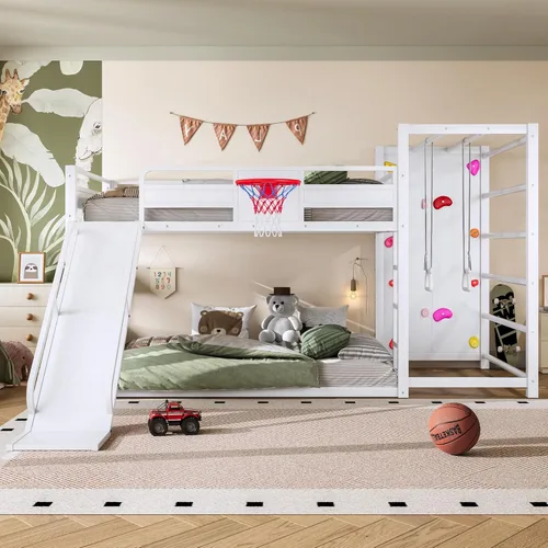 Miniatura 13 de Bellemave Litera de tamaño individual con aro de baloncesto, anillos de dominadas y pared de escalada, litera individual con tobogán y estantería
