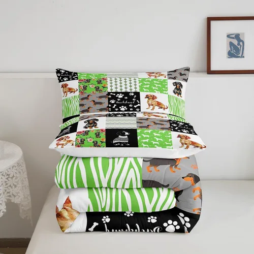 Miniatura 6 de Erosebridal Bonito juego de edredón de perro salchicha para niños y niñas, juego de ropa de cama de perros verdes coloridos para regalo para amantes
