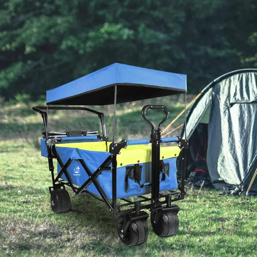 Miniatura 8 de Carro plegable con toldo extraíble y bolsa enfriadora, carrito plegable resistente con ruedas todo terreno de 4 pulgadas para campamento, playa