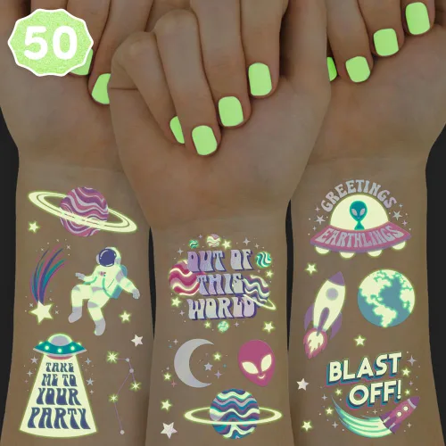 xo, Fetti Space + Planets - Tatuajes temporales que brillan en la oscuridad para niños, 50 piezas, suministros de fiesta de cumpleaños de
