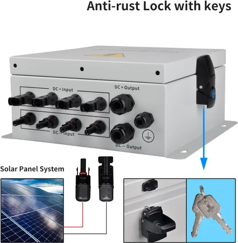 Miniatura 5 de Caja combinadora PV PowGrow, caja combinadora solar de metal de 4 cuerdas con fusible de corriente nominal de 15 A, dispositivo de protección contra