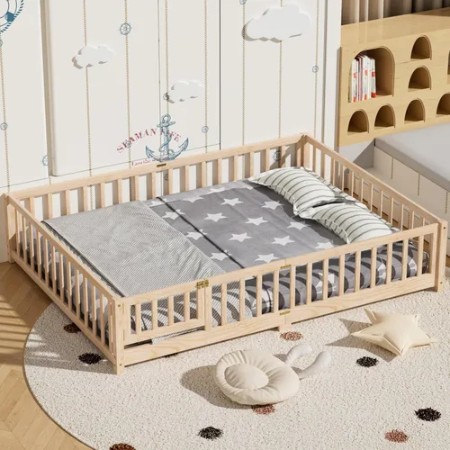 Miniatura 7 de Marco de cama Montessori de madera de tamaño individual con listones de madera, valla y puerta para niños, niñas y niños, espresso
