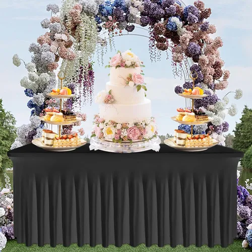 Miniatura 5 de Falda de mesa negra, de elastano, sin arrugas, 6 pies, mantel elástico ajustable lavable para mesas rectangulares para bodas, banquetes, fiestas