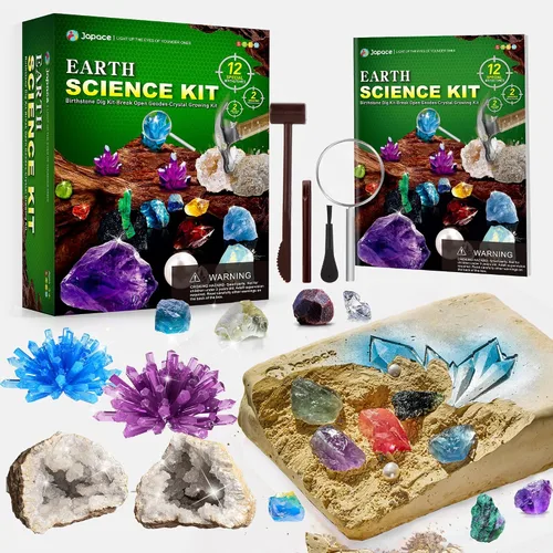 Kits de ciencia de la Tierra de Japace para niños de 4-6-8-12-14 años, kit de excavación de gemas de piedras de nacimiento, kit de geología con