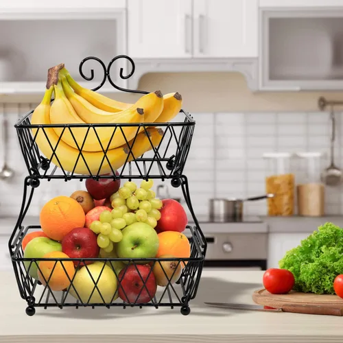 Miniatura 3 de Sorbus Soporte de exhibición de cesta de frutas, 2 niveles, para almacenamiento de verduras, frutas y pan para cocina, baño, rectangular de metal