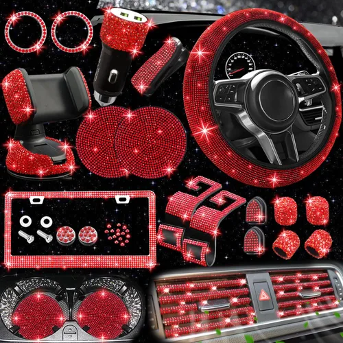 Miniatura 16 de NBTEPEM 27 piezas de juego de accesorios brillantes para auto en color aguamarina para mujeres, fundas para volante de ajuste universal de 15