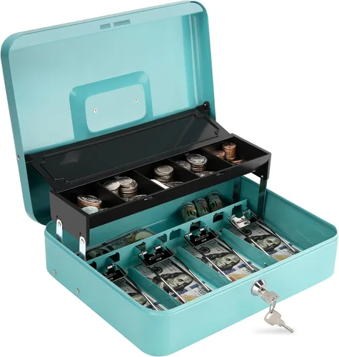 Miniatura 15 de Caja de efectivo con bandeja de dinero y cerradura, caja de dinero segura para efectivo, caja de bloqueo de metal con combinación, organizador