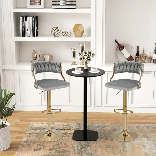 Miniatura 9 de COSTWAY Juego de 2 taburetes de bar ajustables de terciopelo, carga máxima, 400 libras, modernos taburetes giratorios tapizados con respaldo tejido