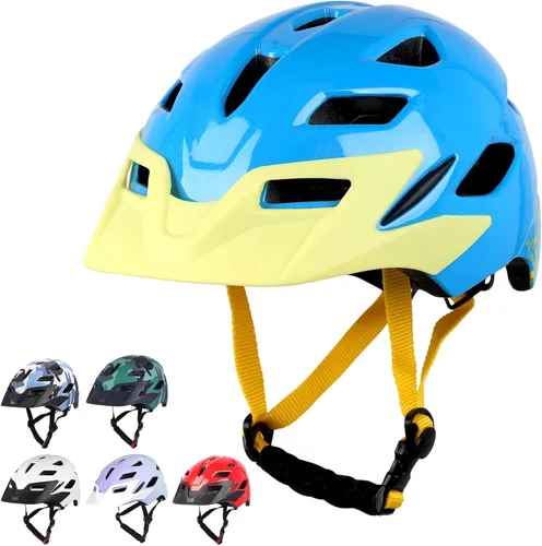 Casco de bicicleta para niños, casco ajustable para niños y jóvenes con visera desmontable y luz LED para niños de 3-5/5-8/8-12 años, casco Azul