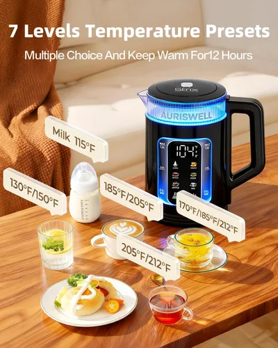 Miniatura 9 de Tetera Eléctrica Auriswell con Control de Temperatura, Hervidor de Agua Inteligente de Vidrio para Té, Café y Hervir, Apagado Automático, Mantener