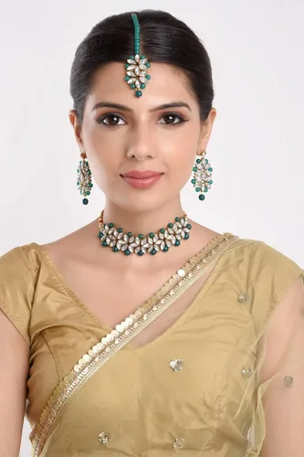 Miniatura 3 de Efulgenz Indian Jewelry Crystal Choker Faux Pearl Floral Necklace Earrings Maang Tikka Bollywood Wedding Bridal Jewelry Set for Women