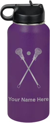 Miniatura 46 de LaserGram Botella de agua personalizada, palitos de lacrosse, acero inoxidable de doble pared aislada al vacío con popote superior, regalo grabado