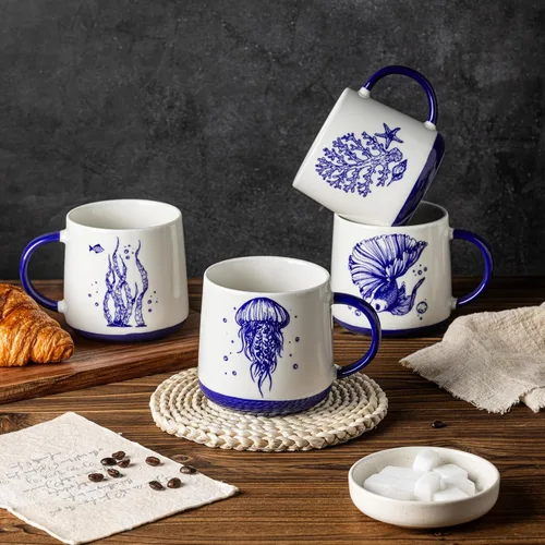 Miniatura 7 de AmorArc Juego de 4 tazas de café grandes de cerámica de 16 onzas con patrones de vida marina para té, café con leche y cacao. Fácil de sostener