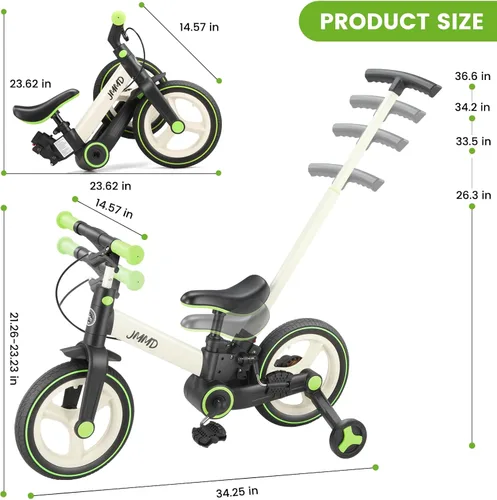 Miniatura 8 de JMMD Bicicleta 6 en 1 para niños de 18 a 60 meses, bicicleta de equilibrio plegable de 12 pulgadas con ruedas de entrenamiento, pedales, frenos