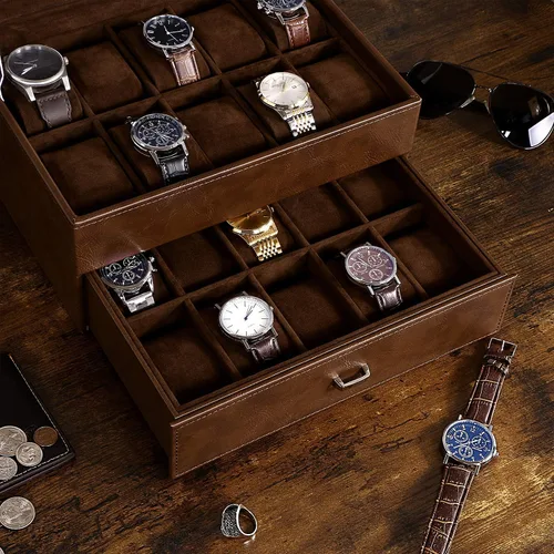 Miniatura 5 de BEWISHOME Caja organizadora de relojes para hombre, estuche de lujo para reloj, 20 ranuras, de piel sintética, con parte superior de cristal real