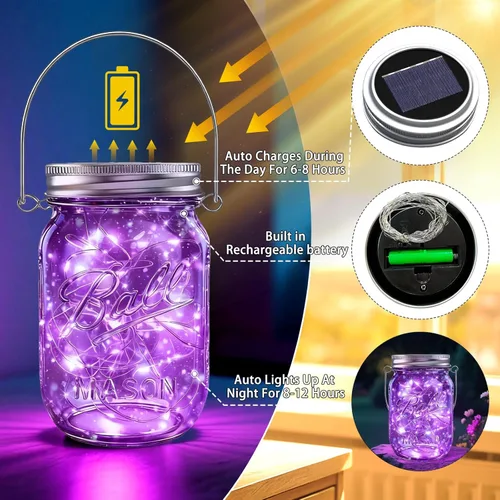 Miniatura 3 de Luces solares en tarro de masón para exteriores, paquete de 12 30 luces LED de luciérnaga, tapas solares para exteriores impermeables con ganchos