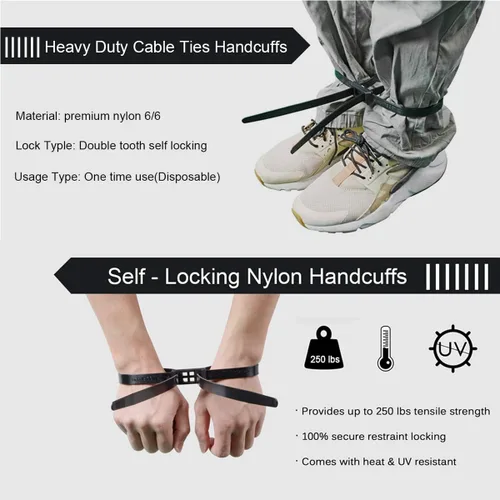Miniatura 3 de Esposas con correas flexibles de 35.4", 20 piezas. Esposas de precinto con cierre de mano resistentes de alta resistencia, desechables, de nylon