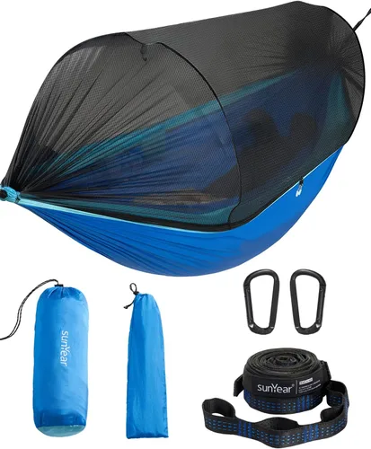 Miniatura 8 de Sunyear Hamaca de camping con red, hamaca doble y individual con red similar a la casa, fácil de instalar y empacar, ligera y portátil, perfecta
