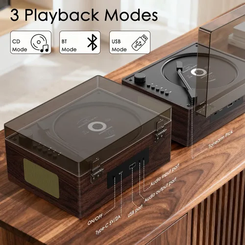 Miniatura 5 de Reproductor de CD portátil para el hogar con Bluetooth 5.3, altavoces duales de alta fidelidad, AUX de 3.5mm, reproducción USB Reproductor de CD