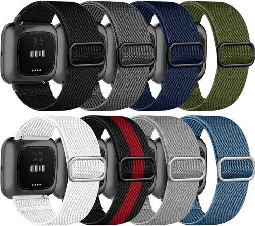 Paquete de 8 bandas elásticas compatibles con Fitbit Versa para mujeres y hombres, correa trenzada ajustable de nailon elástico Solo Loop Sport de