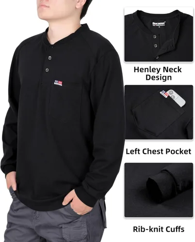 Miniatura 5 de BOCOMAL Camisas FR para hombre, manga larga, Henley EX, suave, jaspeado, 6 onzas, peso medio, resistente al fuego, camiseta de trabajo CAT2