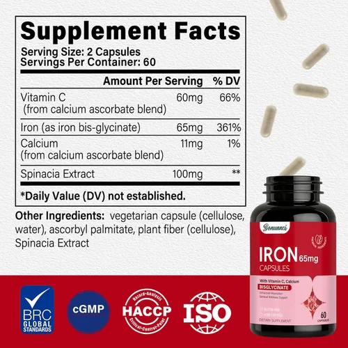 Miniatura 2 de Suplemento de hierro – Hierro de 65 mg de bisglicinato de hierro de alta absorción con vitamina C, calcio, pastillas de hierro suaves para mujeres