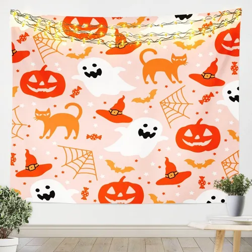 Miniatura 27 de Feelyou Halloween Wall Art for Bedroom Living Room Cartoon Ghost Tapestry Decoration for Kids Boys Girls Red Tapestry Wall Hanging Ghost Festival