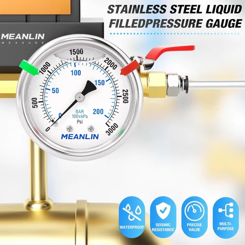 Miniatura 99 de MEANLIN MEASURE Medidor de presión de acero inoxidable relleno de líquido de 0 ~ 300 psi, esfera de cara NPT de 2 pulgadas para compresor de aire