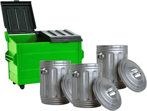 Contenedor de basura verde y 3 botes de basura para figuras de acción de lucha libre
