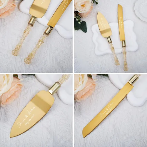 Miniatura 6 de Juego de cuchillo personalizado para tartas y servidor, cuchillo y servidor para tartas doradas, cubiertos de boda personalizados para una ceremonia