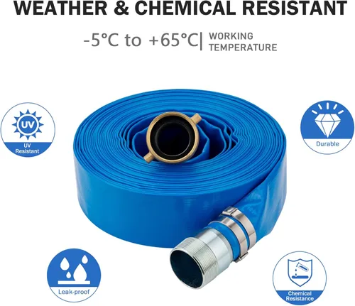 Miniatura 8 de Manguera de descarga plana de PVC de 1.5 pulgadas de diámetro interior x 100 pies con orejeta de pasador NPT y accesorios de pezón KC, mangueras