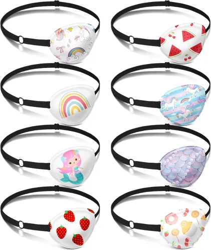 Eurzom 8 piezas de parches oculares para niños, parche ajustable de un solo ojo reutilizable, lindo para niñas y niños, con correa elástica para el