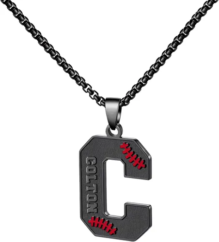 Miniatura 60 de Ldurian Collar personalizado con nombre de béisbol, cadena negra de acero inoxidable, collar con nombre deportivo, letra A-Z de 24 pulgadas, regalos