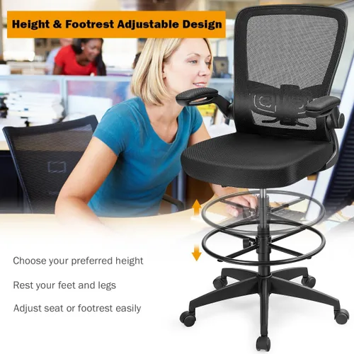 Miniatura 6 de Giantex Silla de dibujo, sillas de oficina con respaldo alto, con reposapiés, reposabrazos abatible, altura ajustable, silla de escritorio Negro