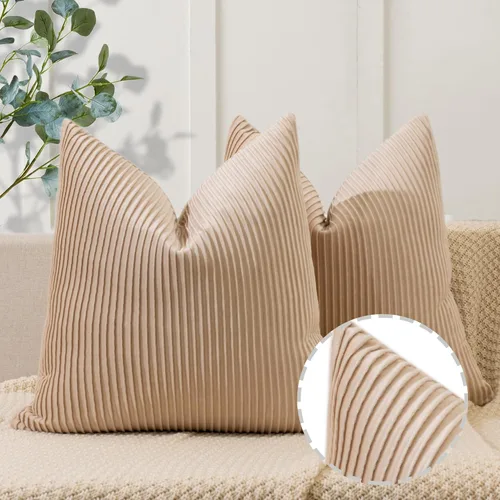 Miniatura 8 de YCOLL Juego de 2 fundas de almohada beige de 18 x 18 pulgadas, patrón de rayas de terciopelo, almohadas suaves para decoración del hogar, fundas