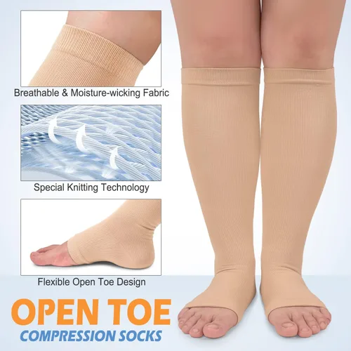 Miniatura 4 de Paquete de 3 calcetines de compresión de cobre para mujeres y hombres, 20-30 mmHg con punta abierta hasta la rodilla, medias altas para soporte