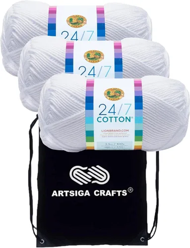 Lion Brand 24/7 Algodón Blanco 761-100 (3 carretes - mismo lote de tinte) Hilado para Crochet y Tejido de categoría Medium #4 con Bolsa para