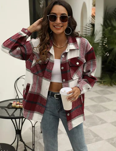 Miniatura 12 de Tanming - Chaquetas de franela cepillada para mujer, a cuadros, con botones, solapas y bolsillos, camisa tipo chaqueta