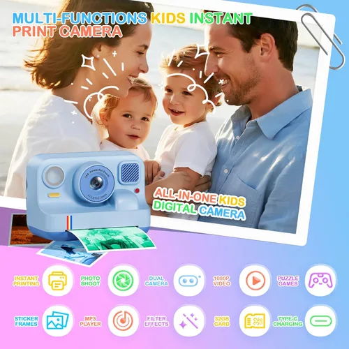 Miniatura 2 de Cámara de impresión instantánea para niños, regalos de cumpleaños de Navidad para niñas y niños de 3 a 15 años, cámara de video digital portátil Azul