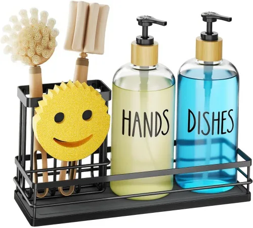 Miniatura 14 de Moforoco Juego de dispensador de jabón para platos de cocina, botella de vidrio de 16 onzas, dispensador de jabón para manos y platos, bandeja