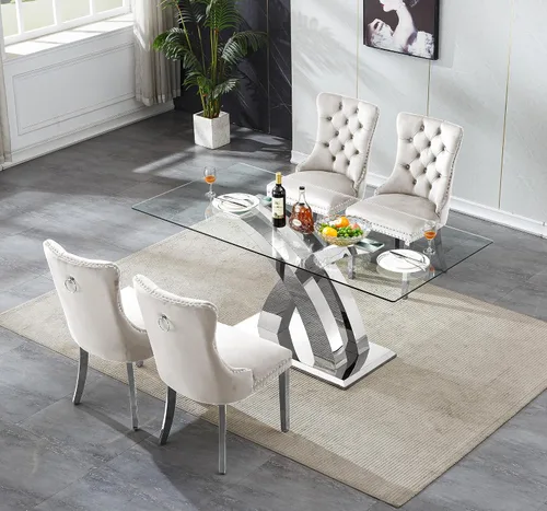 Miniatura 2 de Juego de mesa de comedor de cristal plateado moderno de 70 pulgadas para 4, juego de mesa de comedor rectangular de 5 piezas con patas de acero