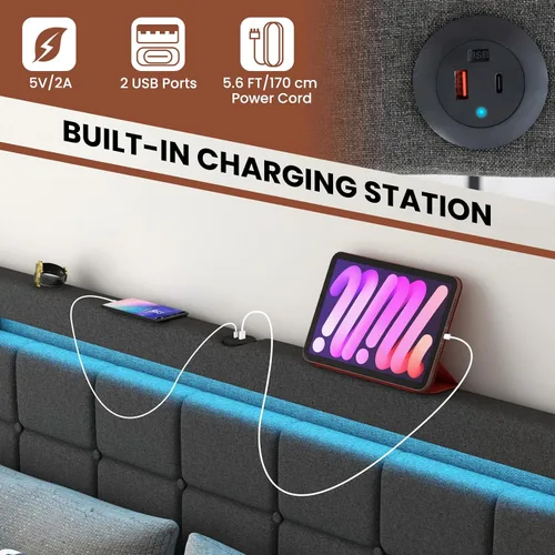 Miniatura 4 de Giantex Base de cama individual con luces LED y 4 cajones, base de cama de plataforma tapizada con puertos USB, diseño de cabecera ajustable