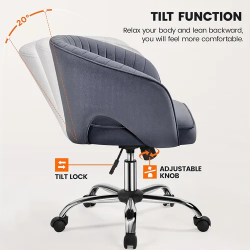 Miniatura 4 de Topeakmart Silla de escritorio de terciopelo, silla de tocador de maquillaje con altura de asiento y reposabrazos ajustables, silla de oficina