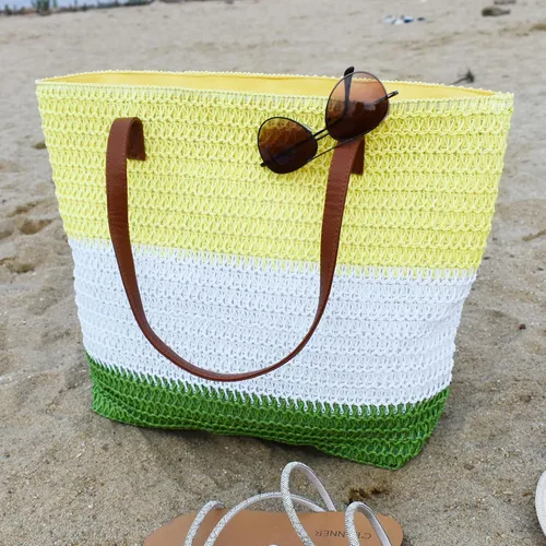 Miniatura 30 de Bolso grande de paja para mujer, tejido de ratán, bolso de playa de verano, a rayas
