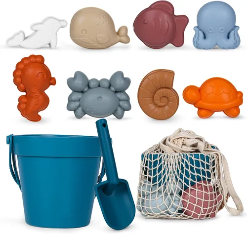 Miniatura 11 de MarcZero 11 juguetes de playa de silicona, modernos juguetes de playa para bebés, juego de playa apto para viajes, cubo de silicona, pala, 8 moldes