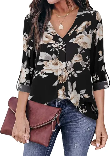 Miniatura 2 de Youtalia - Blusa casual de mujer con cuello en V, estampada, de gasa, con mangas de 34 con puños, estilo casual