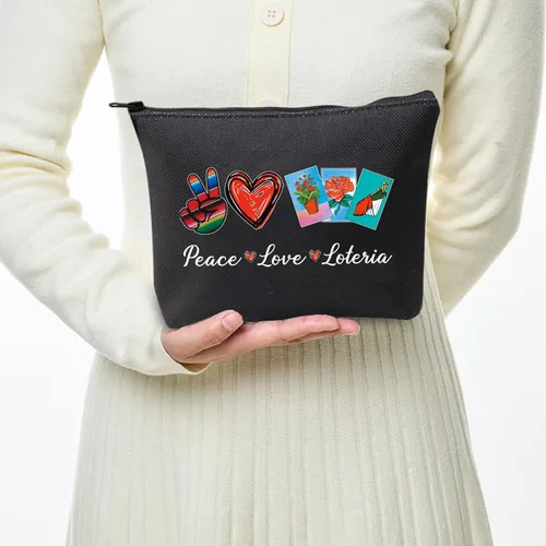 Miniatura 4 de JXGZSO Bolsa de lotería divertida bolsa de almacenamiento de bingo mexicano, regalo de lotería, paz, amor, lotería, bolsa de lona con cremallera
