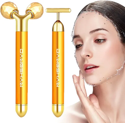DANGSHAN Masajeador facial eléctrico 2 en 1, masajeador facial dorado de 24 quilates, rodillo 3D y kit de masajeador de rodillo facial en forma de