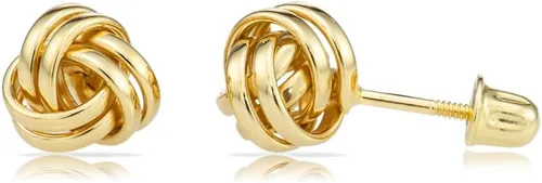 Aretes de oro de 14 quilates con nudo de amor para mujer con poste largo de rosca
