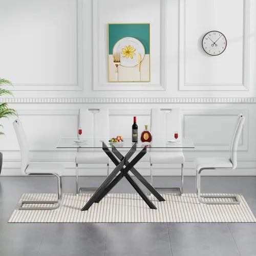 Miniatura 7 de SSLine Mesa de comedor moderna de cristal, rectangular de 51 pulgadas, color negro con patas de metal diseñadas en X para cocina y comedor